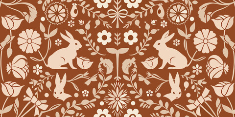 Charming folk art pattern featuring rabbits flowers and leaves in earthy tones