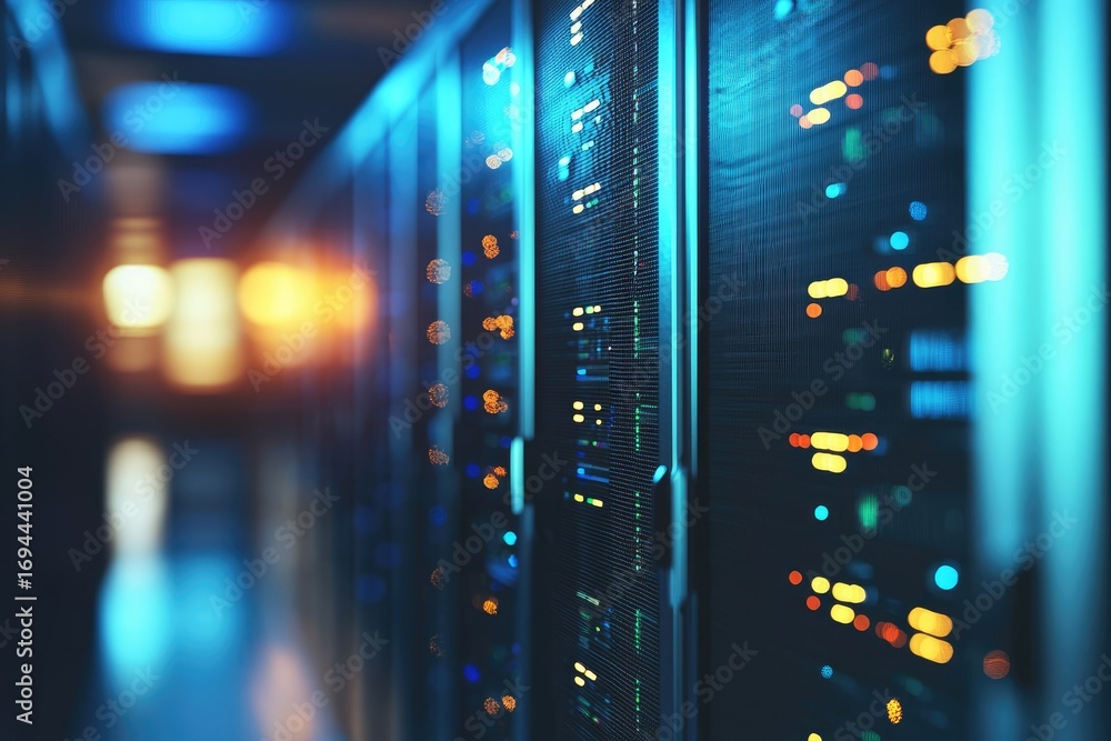 Poster modern server racks with glowing blue and orange lights in futuristic data center corridor, symboliz
