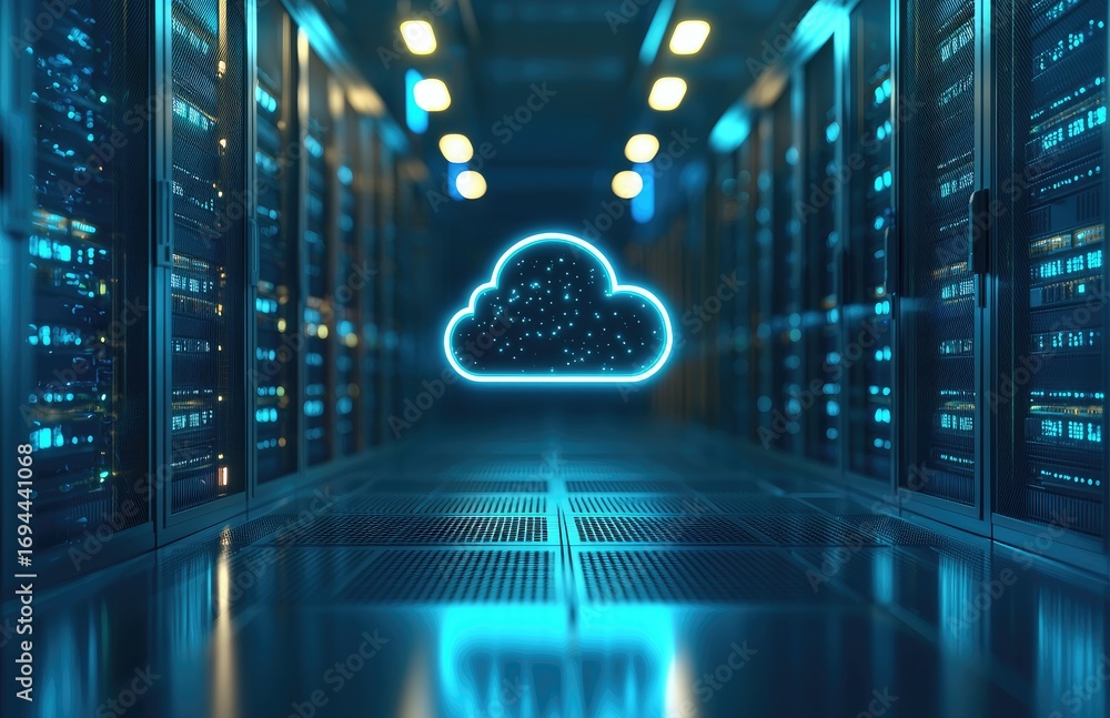 Poster futuristic cloud computing concept in modern data center with glowing digital cloud icon, ideal for 