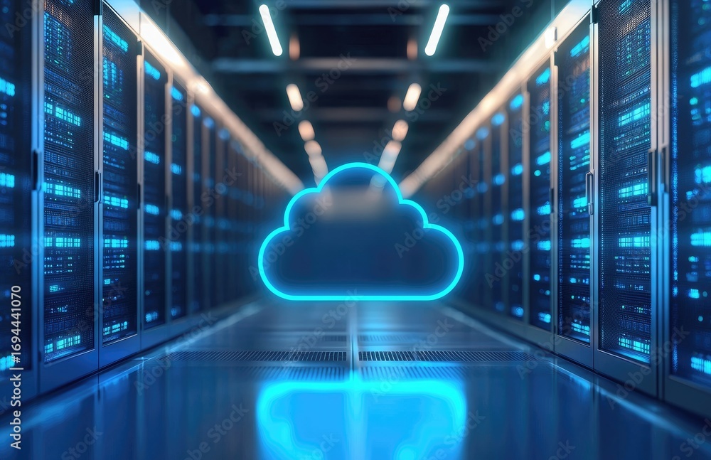Poster modern data center with glowing cloud icon representing cloud computing, storage, and digital networ