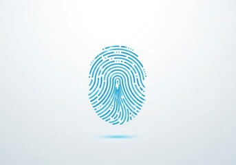 A stylized light blue digital fingerprint pattern composed of segmented lines and dots with a soft blue glow centered on a light background