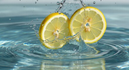 Fresh lemon slices splashing in water