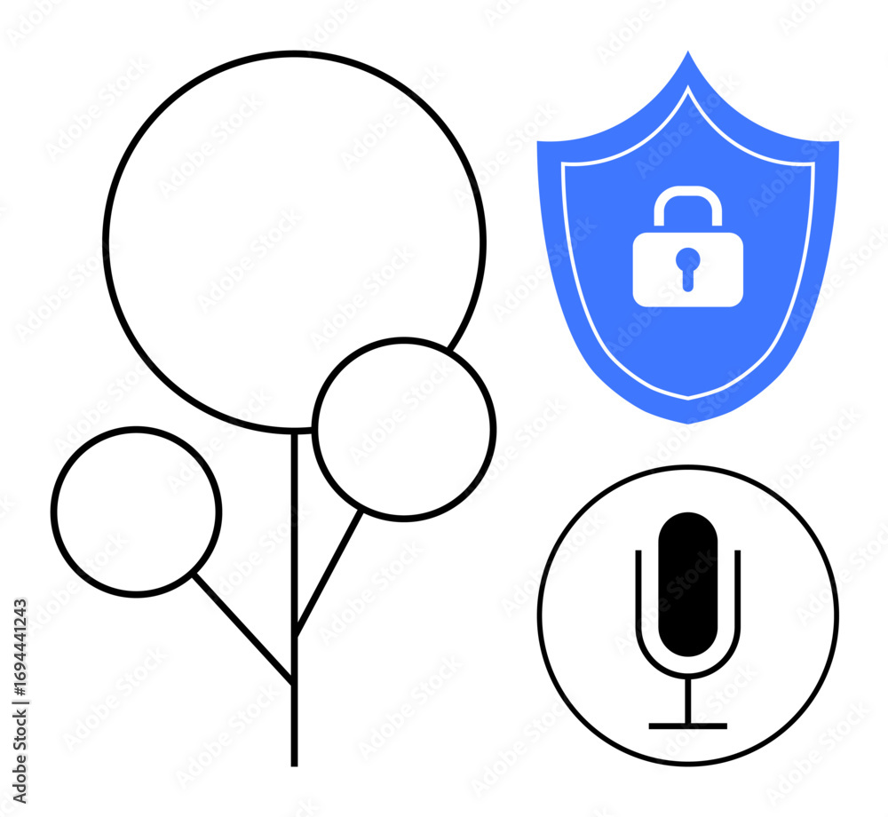 Poster minimal design featuring a tree diagram, microphone icon, and shield symbolizing security. ideal for