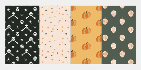 Four halloween themed seamless patterns featuring skulls crossbones stars polka dots and pumpkins