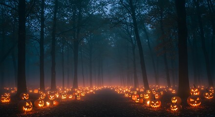A spooky halloween night scene with glowing jack o lanterns lining a path through a dark foggy forest