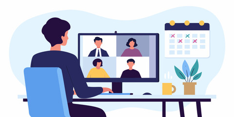 Person participating in a video conference call with colleagues on a computer screen in a home office setting