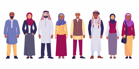 Diverse group of muslim men and women standing together in traditional clothing
