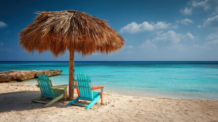 Tropical beach with chairs and thatched umbrella