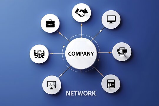Company network diagram showcasing various business functions and connections on a blue background