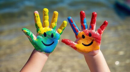 Fototapeta premium Two Hands Colorful Smiley Faces Rainbow Pattern Red Blue Blurred Water Background