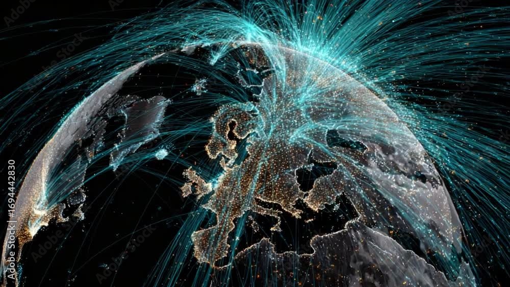 Poster global connectivity: a captivating visualization of global connectivity and data flow, where glowing