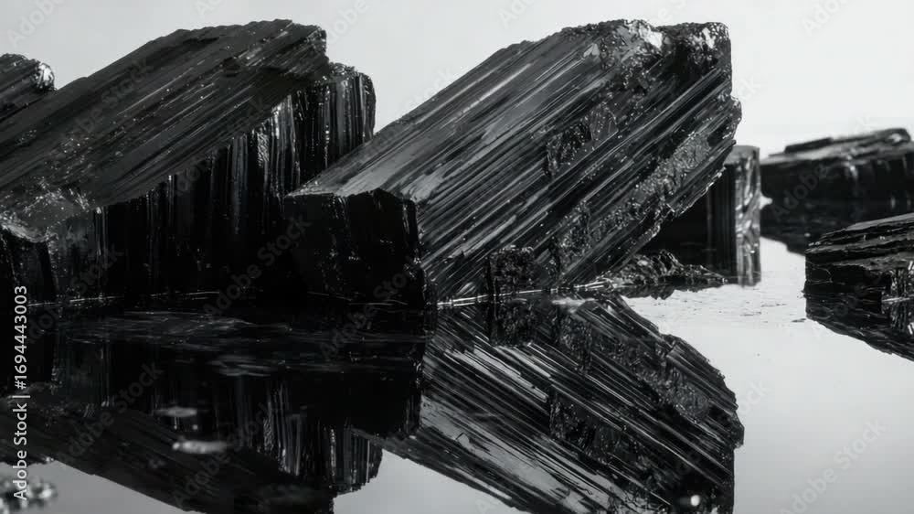 Poster dark crystals reflecting on smooth surface, capturing depth and texture in artistic detail