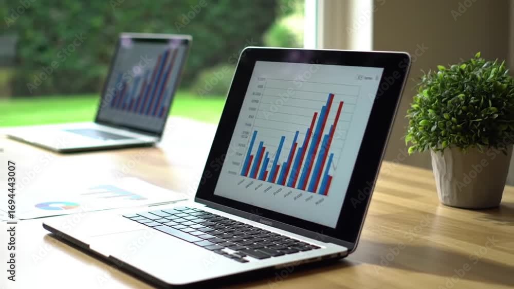 Poster close up of two laptops showing graph data on wooden table