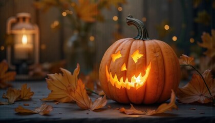 Obraz premium An orange pumpkin with a creepy face carved and a light inside stands next to an antique black lantern, illuminating the fallen leaves on wooden surface. dark background creates Halloween atmosphere.
