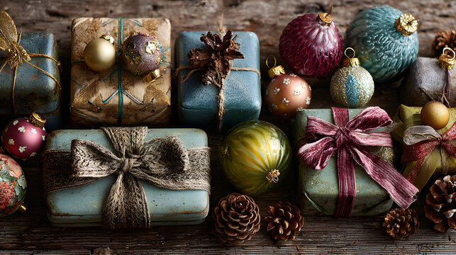 Christmas festive flat lay scene showing ornaments pne cones and wrapped giftstop view