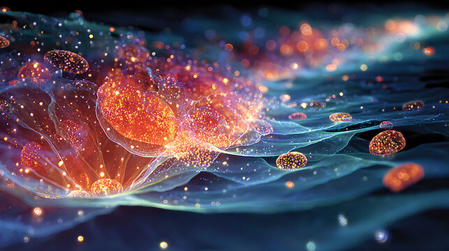 Microscopic dreamlike view inside a cell, with mitochondria as tiny glowing power plants recharging at night.