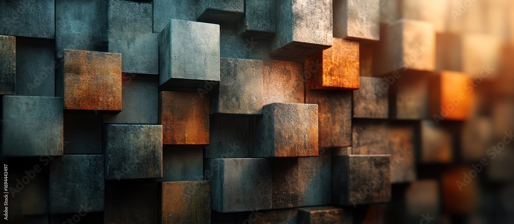 Poster abstract background of rusty and metallic cubes.