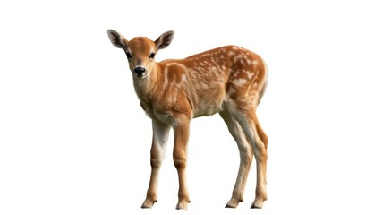 Adorable spotted fawn stands gracefully against a clean white background