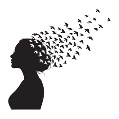 Woman Silhouette with Flying Birds Artistic Mind Freedom Concept