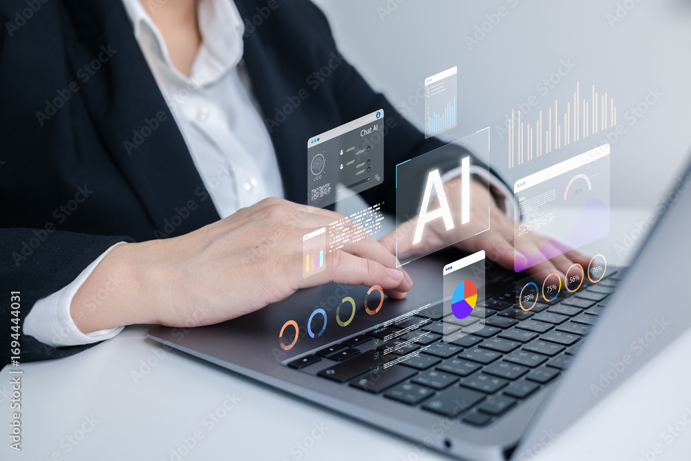 Poster ai-powered analytics concept as businesswoman uses laptop with virtual dashboards and data visualiza