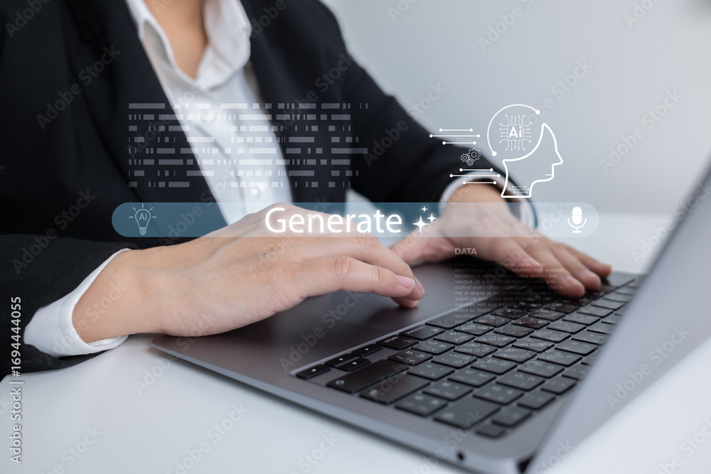Poster ai generation concept as businesswoman types on laptop with virtual interface, symbolizing artificia