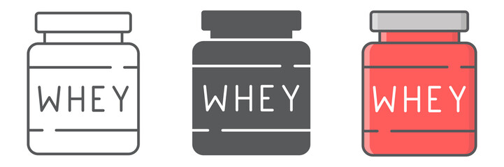 Whey protein icon collection, fitness and diet, supplements sign vector graphics, editable stroke linear icons