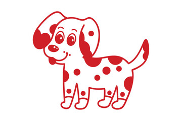 Red spotted puppy with tongue out, smiling, is standing against white background