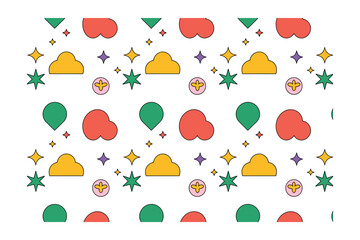 Obraz premium Playful Geometric Pattern: Clouds, Stars, and Retro Shapes on White Background for Creative Projects and Backdrops, Evoking Nostalgia and Joy with a Modern Twist