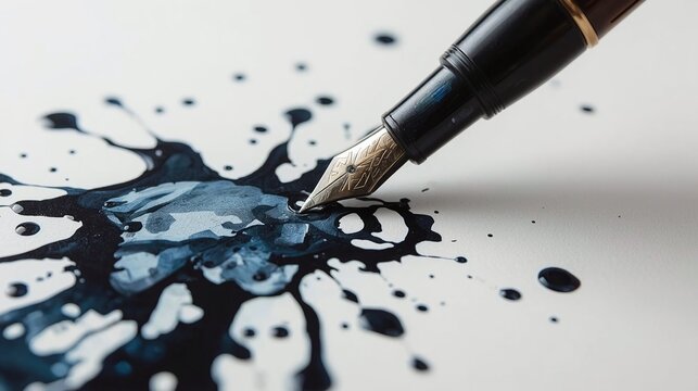 Close-up fountain pen nib splashing black ink on paper