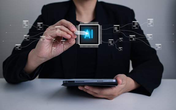 AI document processing concept as businesswoman uses stylus on tablet to manage automated data flow, symbolizing artificial intelligence, machine learning, and digital transformation in workflow.