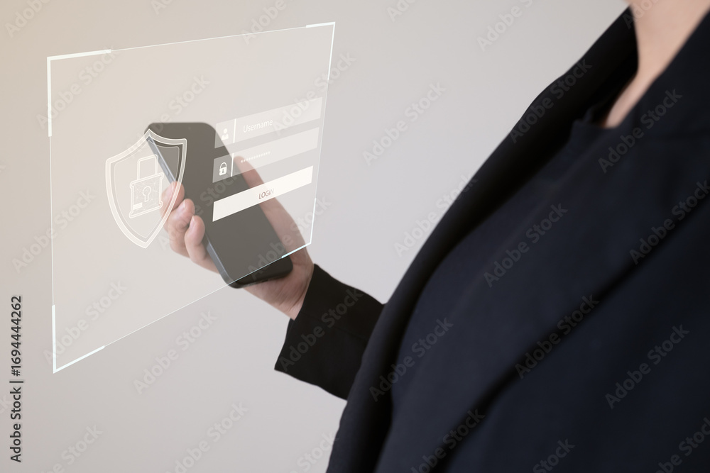 Poster cybersecurity login concept as businesswoman uses smartphone with virtual secure interface, symboliz