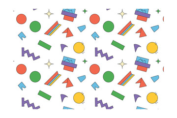 Retro Memphis Style Geometric Pattern with Circles, Squares, Triangles, and Lines, Great for Wallpaper, Fabric, and Backgrounds; Colorful and Fun