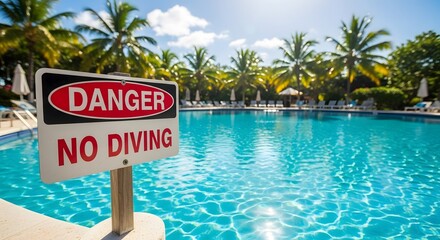 Danger No Diving Sign Next to a Sparkling Swimming Pool Surrounded by Palm Trees on a Sunny Day