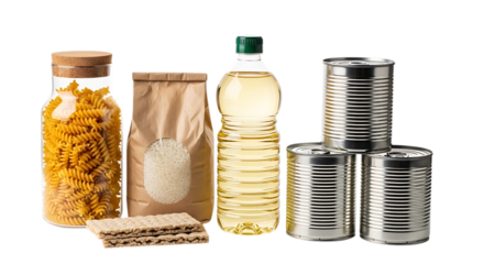 Pantry staples including pasta, flour, oil, and canned goods isolated on transparent background