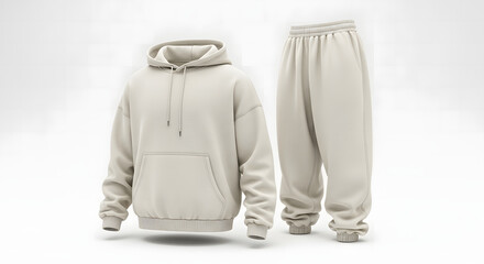 3D Mockup Collection of Unisex Tracksuits with Long-Sleeve, Short-Sleeve, and Sleeveless Hoodies, Combined with Joggers and Sweatpants, Modern Minimalist Sportswear on Plain White Background, Ultra Re