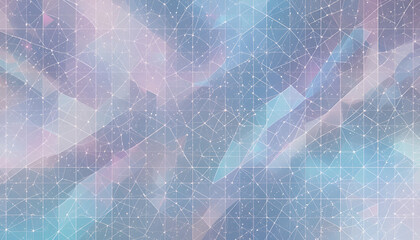 Geometric grid overlay on a soft, abstract blend of purple and cyan colors with subtle light streaks and scattered particles