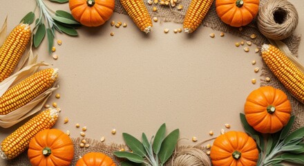 festive autumn arrangement with pumpkins and corn on burlap background for thanksgiving holiday