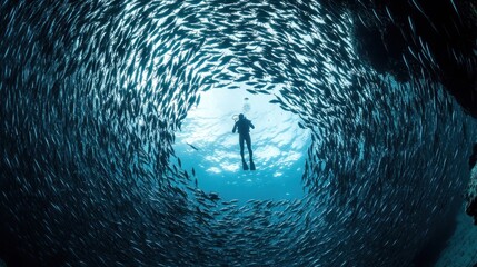 Silhouette in icy cave passage