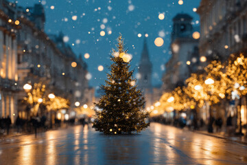 winter evening in city features beautifully decorated christmas tree adorned with virtual projections of gifts