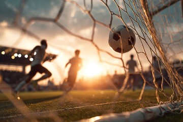 A soccer ball is about to enter the goal during a match. Silhouettes of players are visible in the background against a sunset sky.
