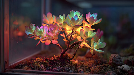 A single glowing succulent plant in a dark lab, its leaves emitting soft multicolored bioluminescence.