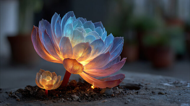 A single glowing succulent plant in a dark lab, its leaves emitting soft multicolored bioluminescence.