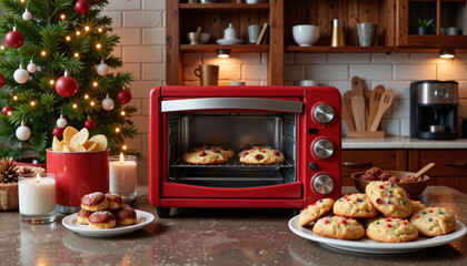 Red toaster oven baking cookies on countertop with holiday New Year's decor  