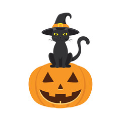 Black cat wearing witch hat sits on carved pumpkin orange pumpkin halloween