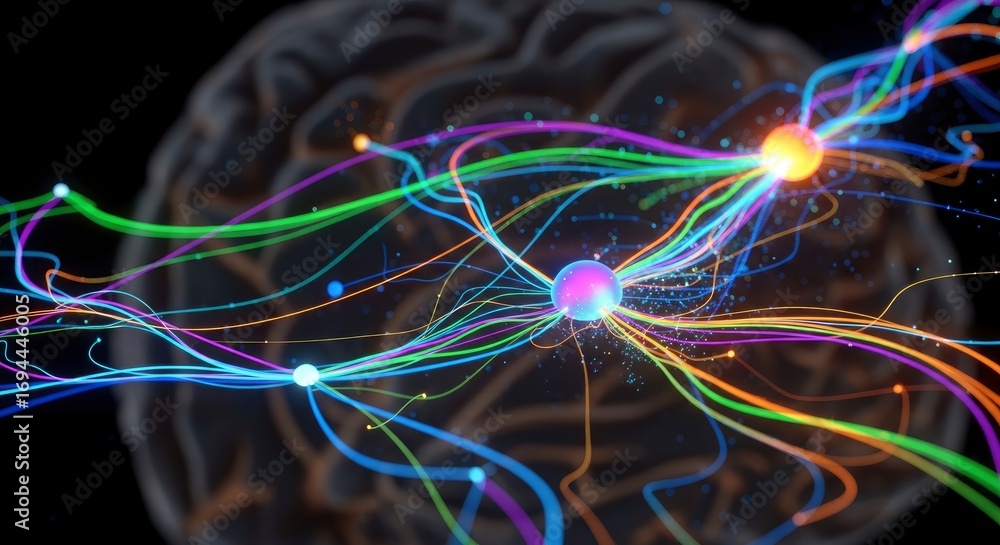 Poster a translucent brain model with vibrant glowing neural pathways and luminous spherical connections se
