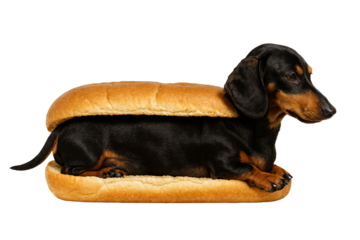 Dachshund dog in a bun like a hot dog. Funny art. Meme.