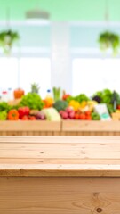 Empty wooden table in front of a blurred grocery store display
