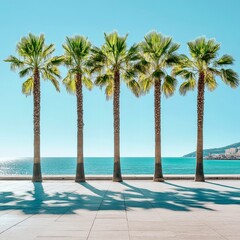 Palm trees under clear blue sky tropical beach paradise