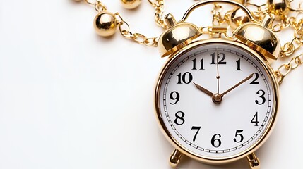 Gold Alarm Clock and Beaded Necklace on White Background