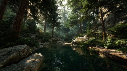 Fototapeta premium Mountains reflecting in River among Trees, Forest landscape with sky above